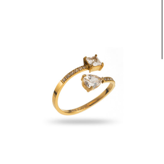 Bague ouverte double serti à double strass Asymétrique