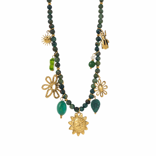 Collier pierre Turquoise africaine avec charms - Collier acier inoxydable