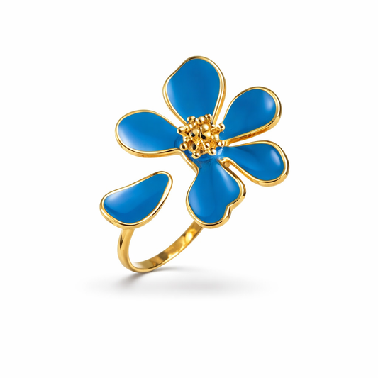 Bague fleur bleue avec pétales